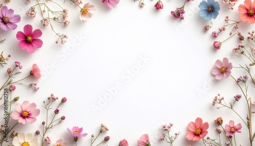 Delicate spring flowers forming a soft pastel frame on a clean white background