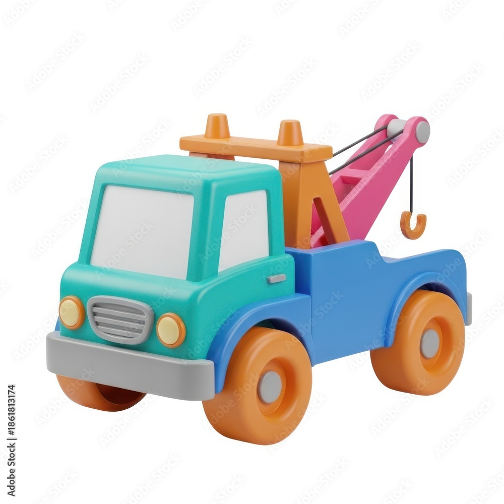 Naklejka premium Brightly colored tow truck toy with pink crane arm