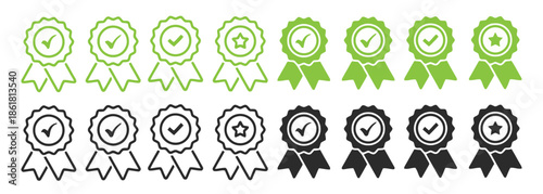 Set of Approved Medals Icons Quality Guarantee Certificate Emblem Vector Flat Design Badge Award Symbol Best Choice Product Recommendation Seal of Approval Green and Black Colors