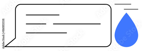 Chat bubble with lines representing text next to a blue water droplet graphic. Ideal for communication, sustainability, environment, messaging, hydration, eco-awareness, minimal design. Simple flat