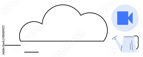 Cloud storage, video conferencing, remote work, digital collaboration, online learning, streaming services. Minimalist cloud with camera icon and watering can. Cloud storage and video conferencing
