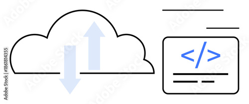 Cloud computing, data storage, web development, technology, programming, digital infrastructure. Cloud with arrows and coding symbol. Cloud computing and data storage concept