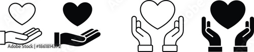 Hand holding heart icons set, love care support symbols, charity compassion concept, minimal black white vector illustration design