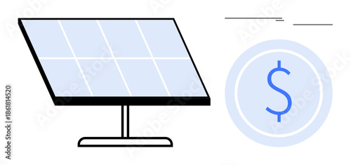 Solar panel next to a coin with a dollar sign, symbolizing renewable energy, cost efficiency, and clean technology. Ideal for sustainability, environment, investment, green energy, economy