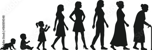 Human life stages silhouette from baby to elderly woman, aging process evolution concept, female growth timeline black vector illustration
