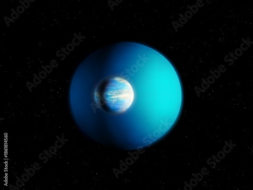 Size comparison of rocky planet and gas giant. Earth-like exoplanet vs mini-Neptune in space.
