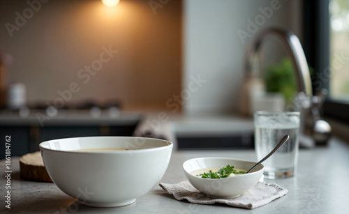 Wallpaper Mural Warm soup served in white bowls on a kitchen counter with fresh herbs and a glass of water in soft natural light. Torontodigital.ca