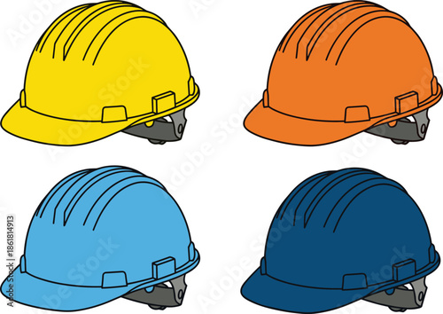 Safety helmet icons set, construction hard hat illustrations, protective headgear equipment, industrial worker safety concept, colorful flat vector design
