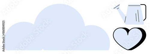 Sustainable living, growth, environmental care, love, gardening, nurturing. A cloud with a watering can pouring towards a heart. Growth and sustainable living concepts creatively