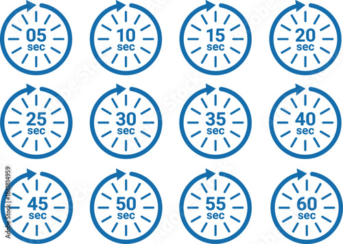 Seconds countdown timer icons set, five to sixty second clocks, time management symbols, blue flat vector UI elements