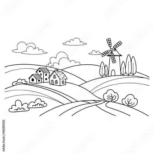 Rural Landscape Line Art Featuring Hills, Houses, Windmill, Trees, Clouds, and Winding Path in Monochrome