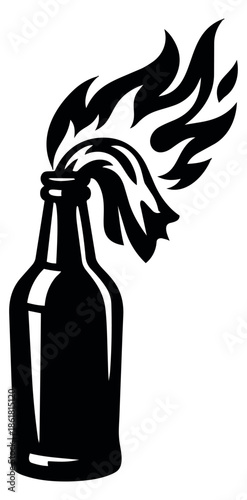 Line art illustration of a Molotov cocktail depicting a large flame for protest and revolution