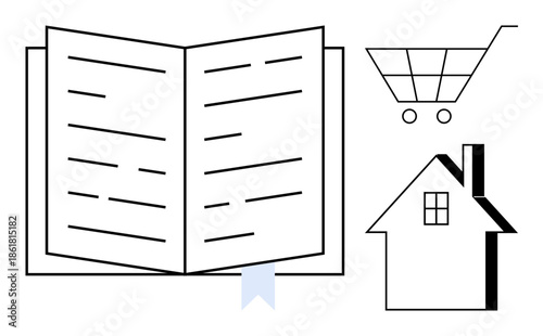 Education, online shopping, real estate, e-learning, digital knowledge, home lifestyle. Outline of an open book, shopping cart and house. Education and online shopping conceptual design