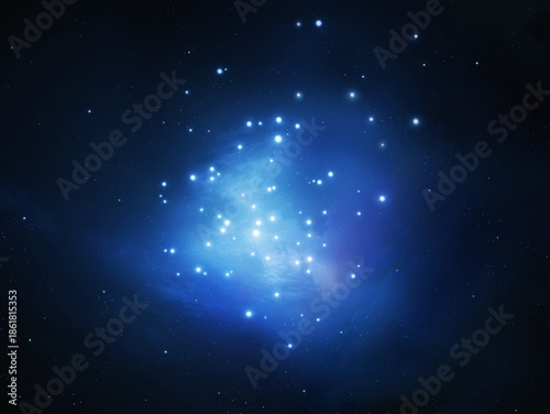 Pleiades in the sky isolated. Bright blue stars in space. Cluster of young stars.