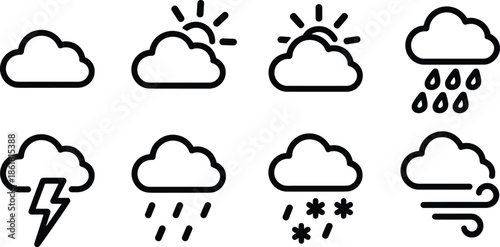 Weather line icons set, cloud sun rain storm symbols, forecast conditions graphics, minimal outline vector, meteorology UI elements