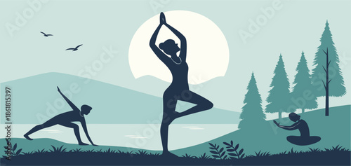 Woman practicing yoga on lake water and beach in a peaceful summer nature silhouette vector illustration