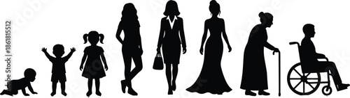 Woman life cycle silhouette from baby girl to senior age stages, female growth aging process black vector illustration isolated