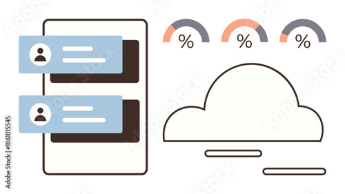 User data cards next to a cloud icon and progress indicators representing data usage. Ideal for cloud computing, data storage, user interface, internet communication, technology, analytics, modern