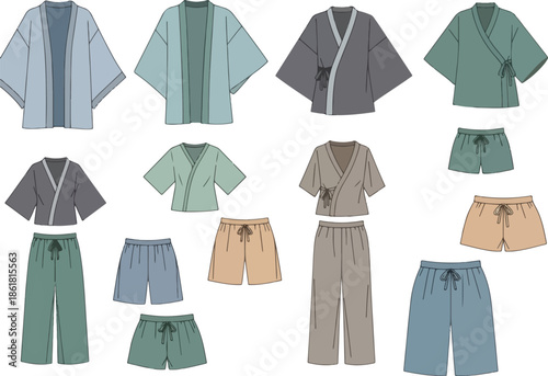 Illustrations of various kimonostyle tops shorts and wideleg pants in muted colors