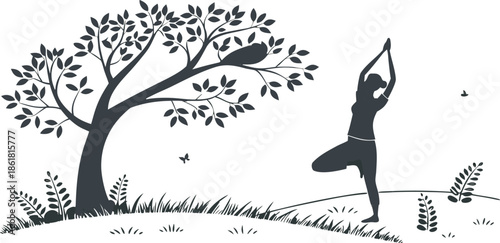 Silhouette of a girl dancing near a tree vector illustration