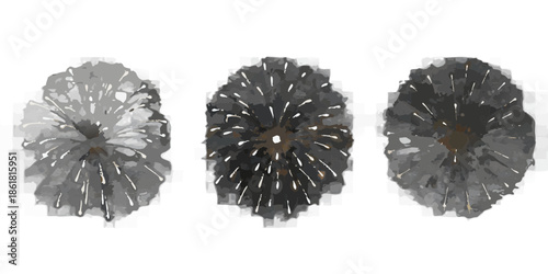 Three stylized fireworks displays against a dark black background
