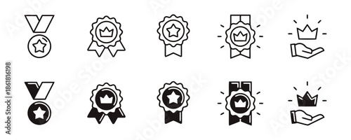 Set of Award and Achievement Icons with Crowns and Stars Keywords: award, badge, ribbon, medal, star, crown, success, achievement, winner, first place, prize, competition, recognition