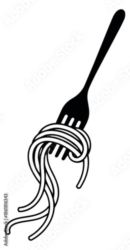 Line art illustration of a fork depicting spaghetti twirled around its tines for food and dining concepts