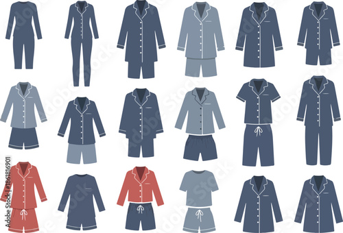 Seamless pattern of various styles of pajamas in shades of blue and red