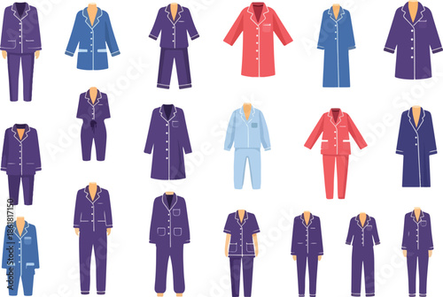 Seamless pattern of various styles of twopiece and onepiece pajamas