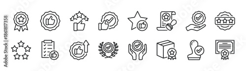 Set of Black and White Line Art Icons for Quality and Approval