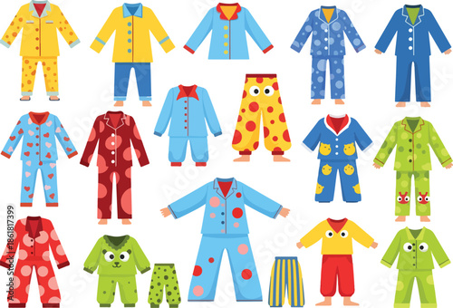 Various colorful pajamas displayed in rows on a white background