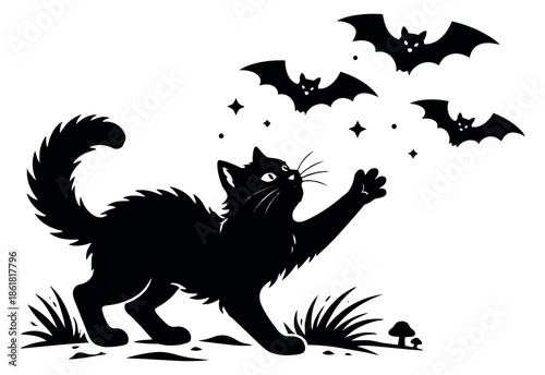 Halloween illustration of a black cat depicting a playful chase of bats for spooky designs