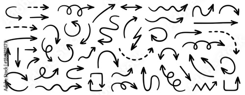 Set of Black Doodle Arrows Isolated on White Background