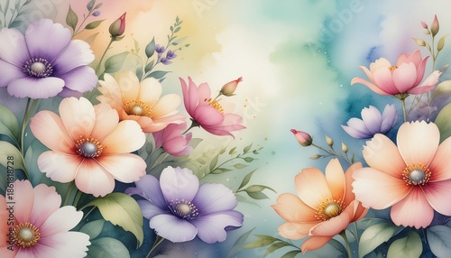 Vibrant flowers in pastel shades on soft watercolor background