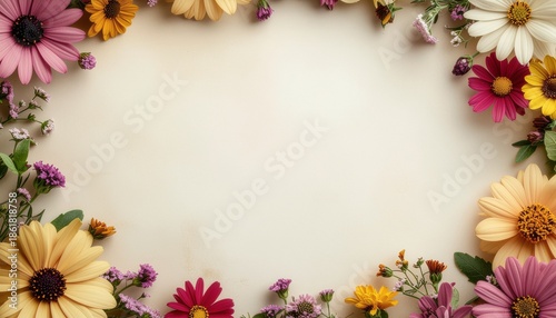 Vibrant flowers frame empty space for text on beige background