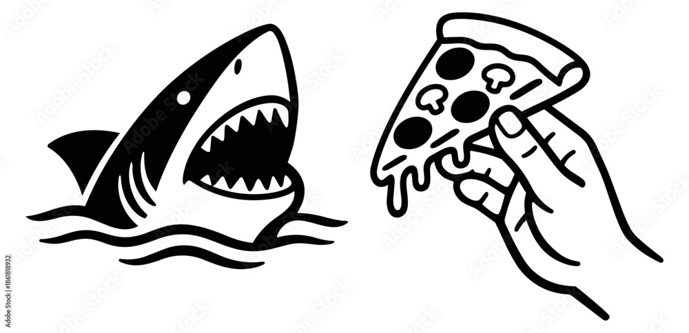 Fototapeta premium Graphic line art elements set featuring a shark and a hand holding a pizza slice for casual design