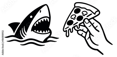 Graphic line art elements set featuring a shark and a hand holding a pizza slice for casual design