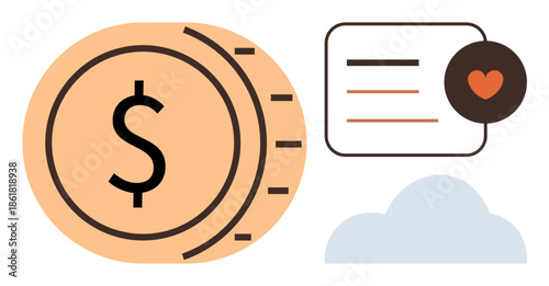 Large dollar coin, text message bubble with heart icon, and a cloud. Ideal for finance, communication, economy, savings, online transactions charity collaboration. A simple flat metaphor