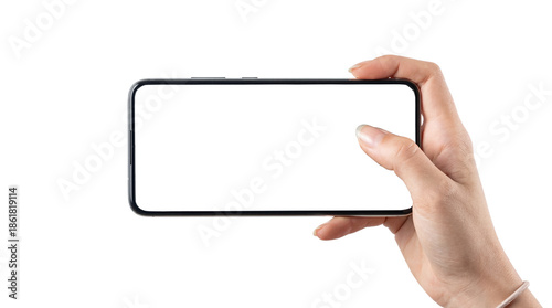 Woman hand holding smartphone horizontally with blank white screen isolated on transparent background