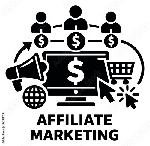 Solid black icon illustration of affiliate marketing depicting referral networks, online sales and digital promotion for business and e-commerce