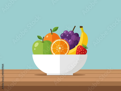 A bowl of assorted fresh fruits, including oranges, apples, and bananas, on a wooden table against a light blue background.