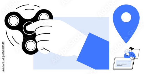 Fidget spinner concept. A hand spins a fidget spinner near a location icon and a person using a device. Fidget spinner promotes stress relief and focus. Perfect for relaxation, mindfulness apps