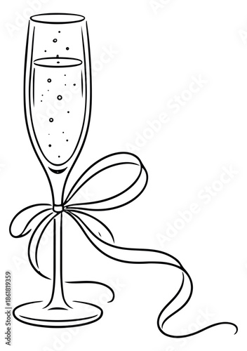 Hand drawn line art illustration of a champagne flute depicting effervescent bubbles and a decorative ribbon for celebratory occasions