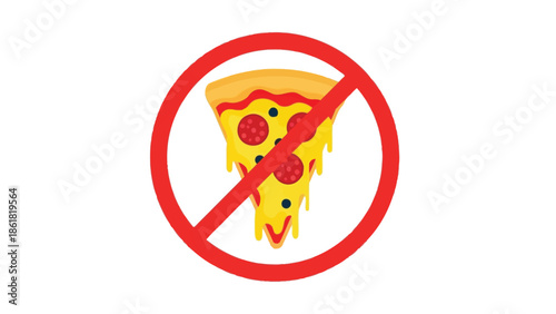 Graphic representation of a slice of cheesy pepperoni pizza crossed out with a bold red circle and diagonal line symbolizing prohibition or restriction against eating this food item.