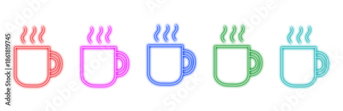 Multiple variants of colorful glowing hot steaming coffee mugs and tea cups, perfect for digital design, cafe menus, or vibrant app icons, isolated on transparent background.