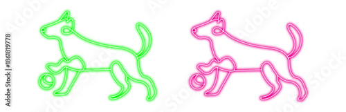 Colorful neon dog icon set playing with a ball, featuring multiple playful pet animal character variants in a glowing vector design, isolated on transparent background illustration.