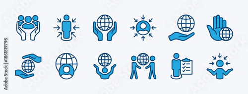 Set of Blue Icons Representing Global Connection and Care