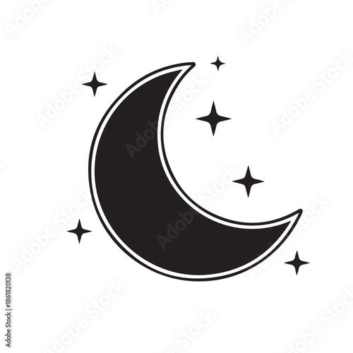 Minimal Crescent Moon Icon with Stars Black and White
