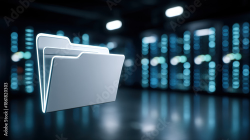 Secure digital folder handling data transfer process inside modern server technology room