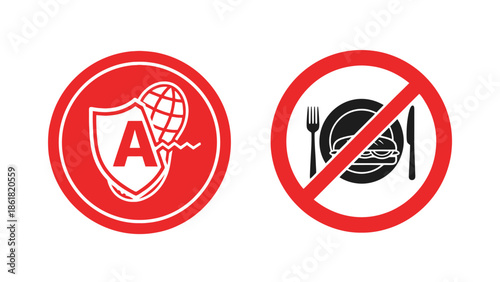 Set of two prohibition and protection icons depicting a cracked world with the letter a inside a shield and a crossed out plate with a sandwich and cutlery indicating no food allowed